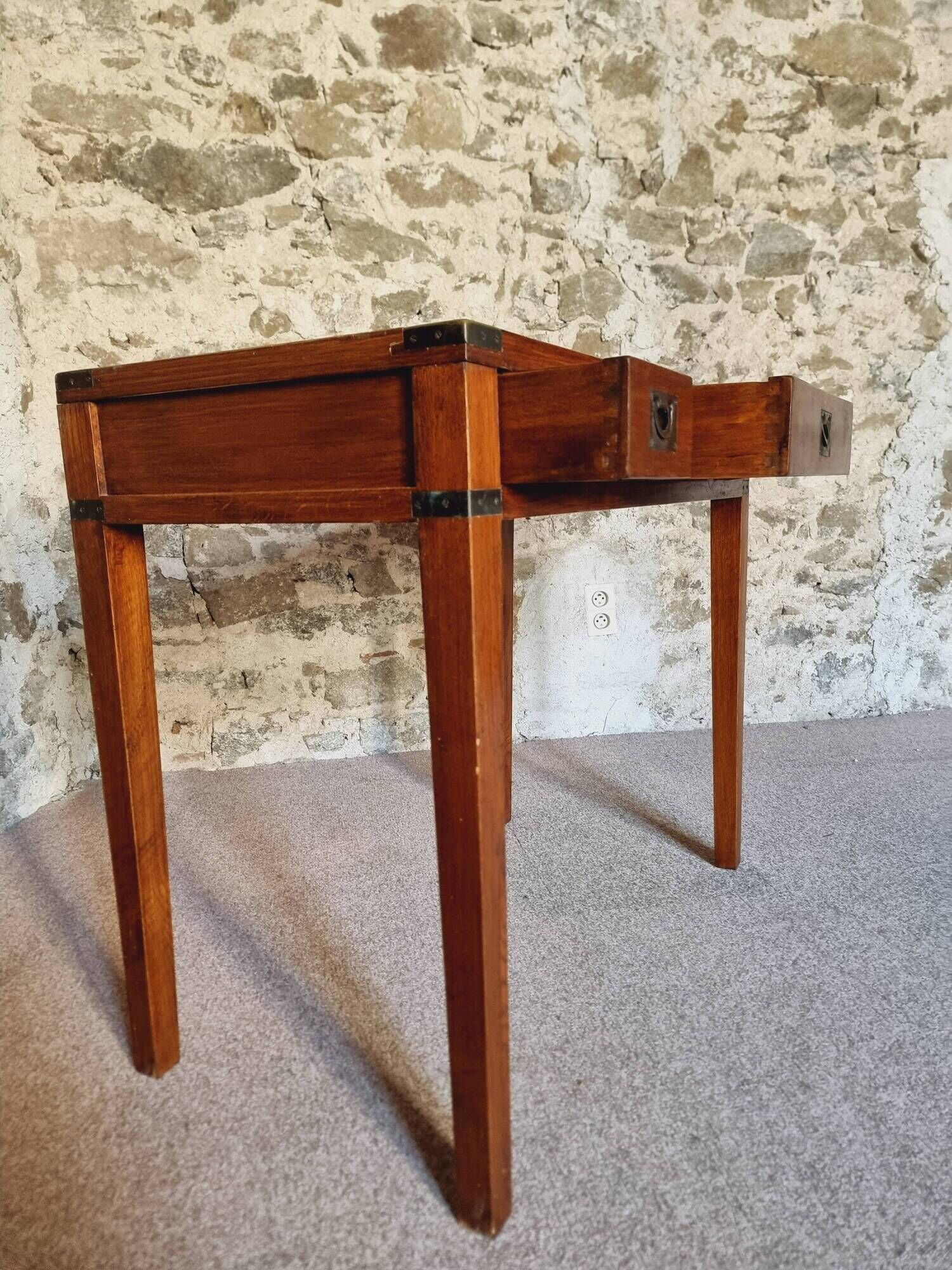 Vintage oak desk – 1970s – Green leather top and 3 drawers