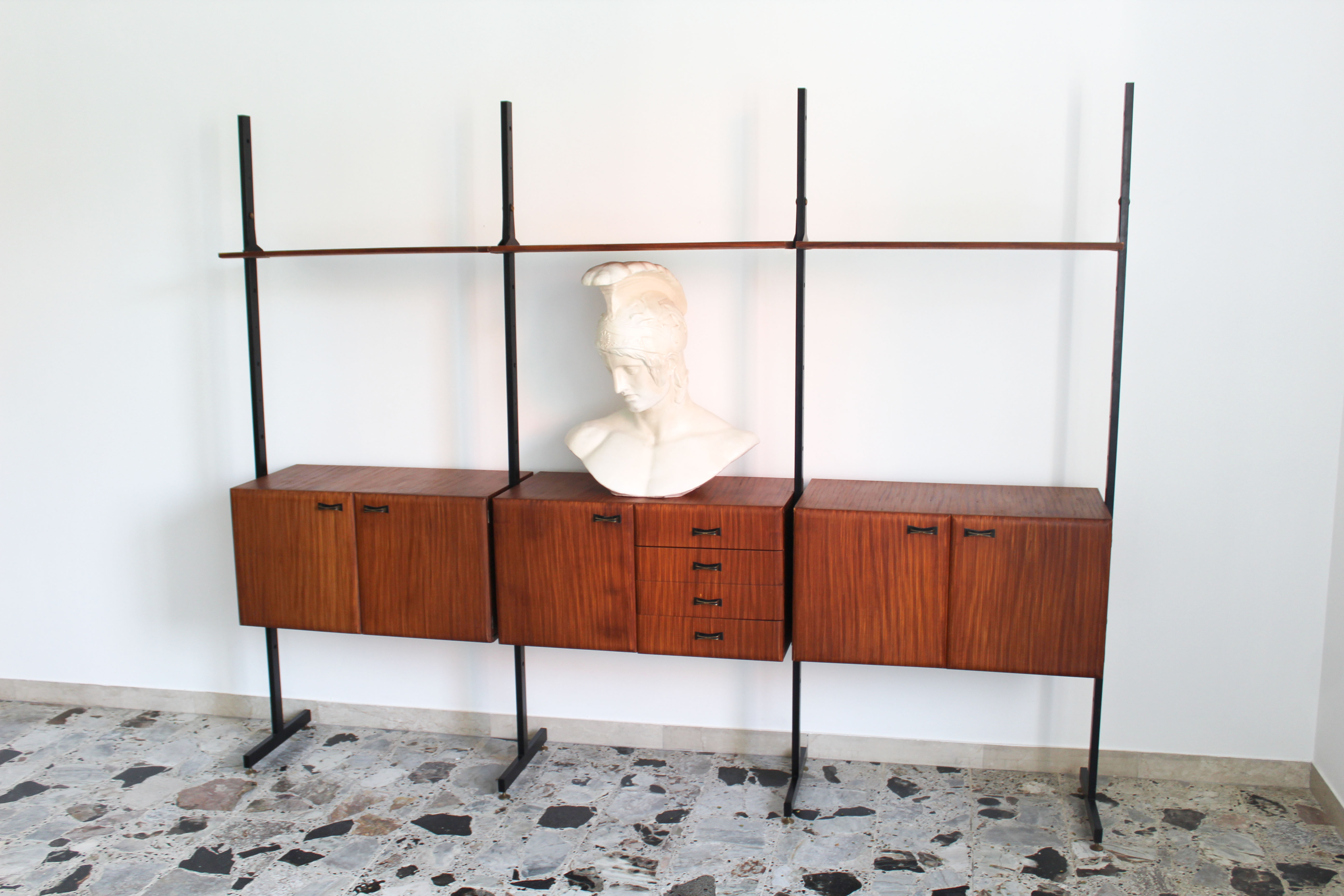 Bookcase in slab wood and black metal, Italy 50s