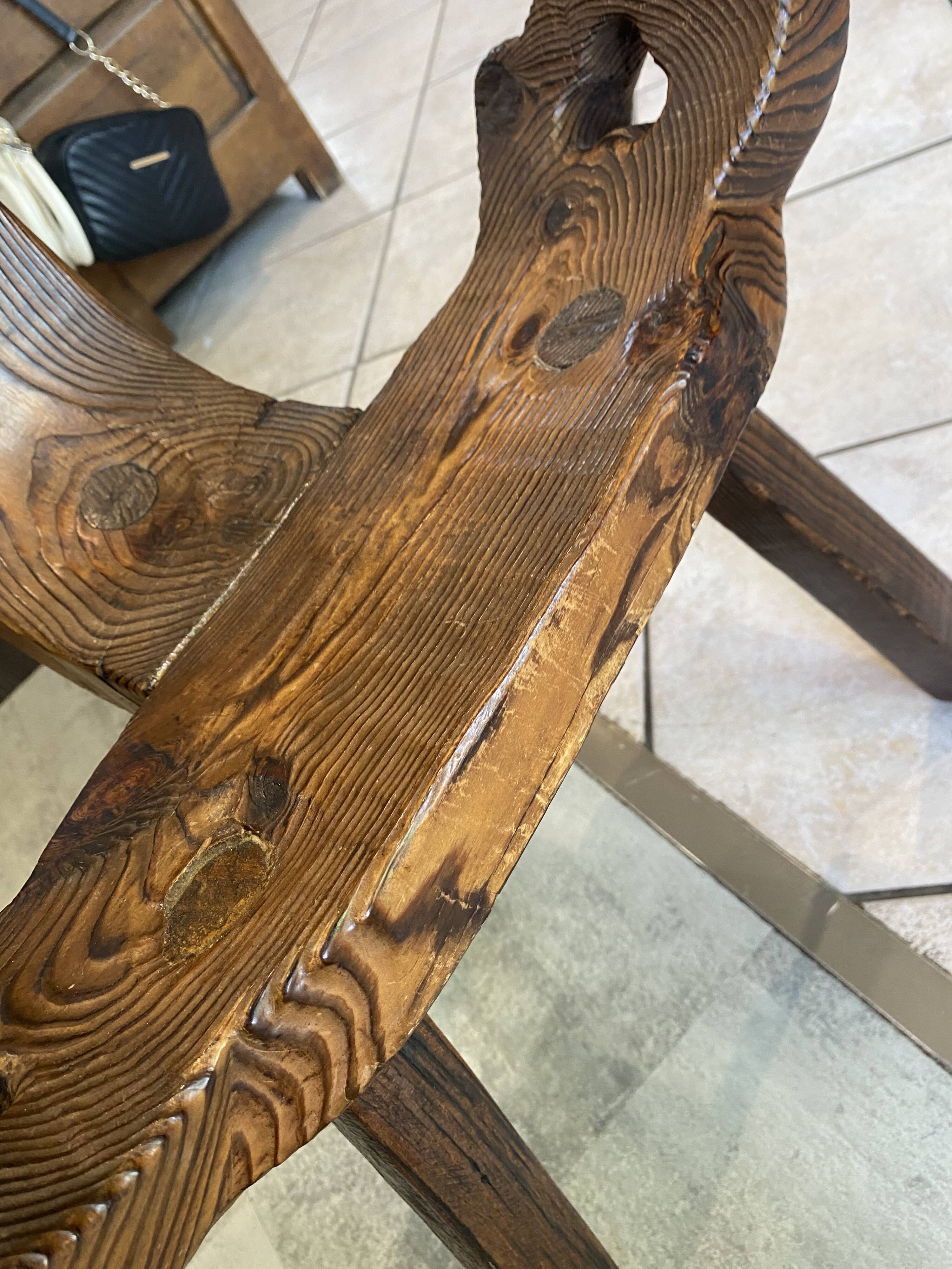 Brutalist tripod chair n1, carved solid wood, antique.