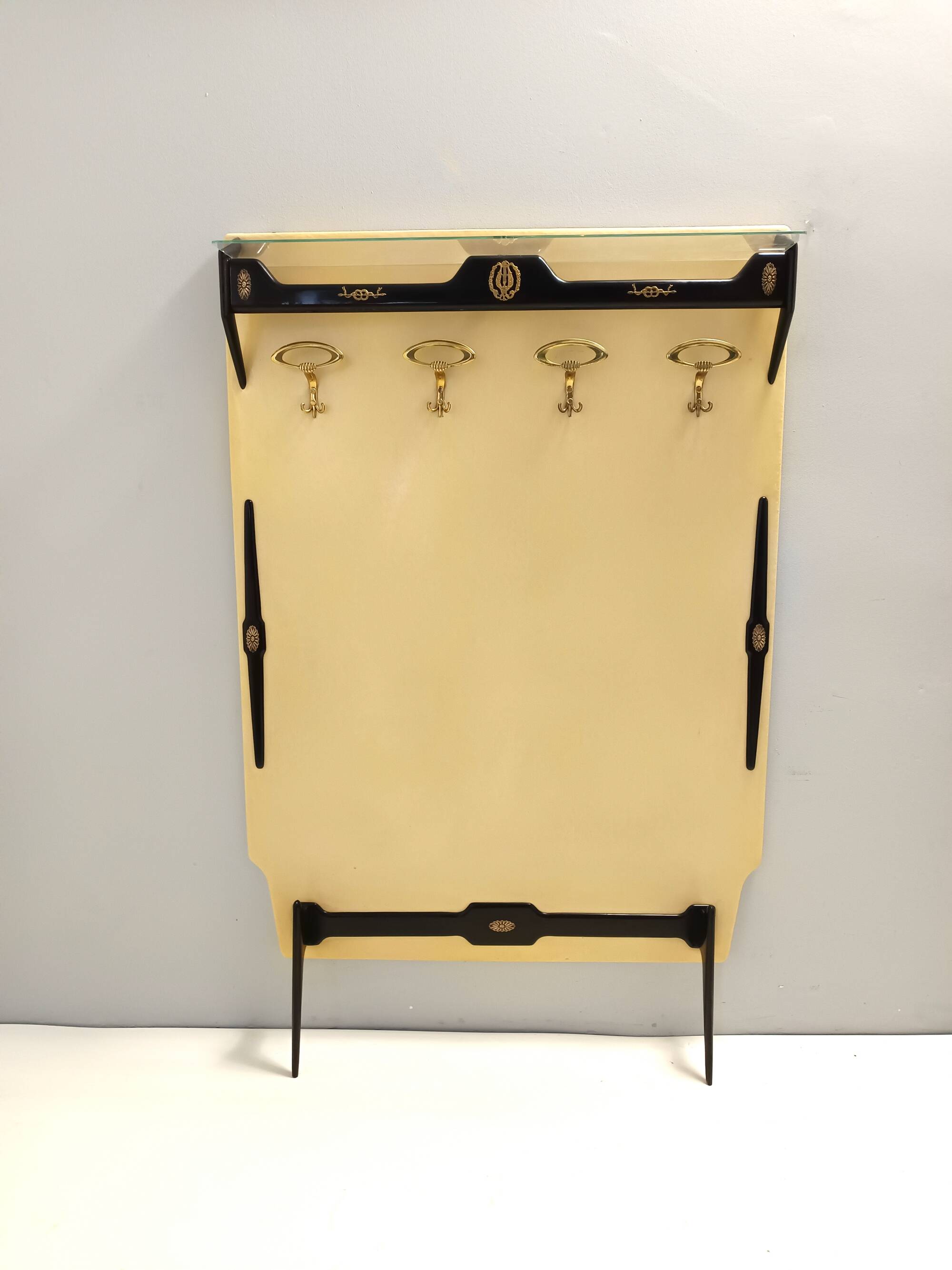 Vintage Ebonized Beech, Brass, Skai and Glass Coat Rack, Italy