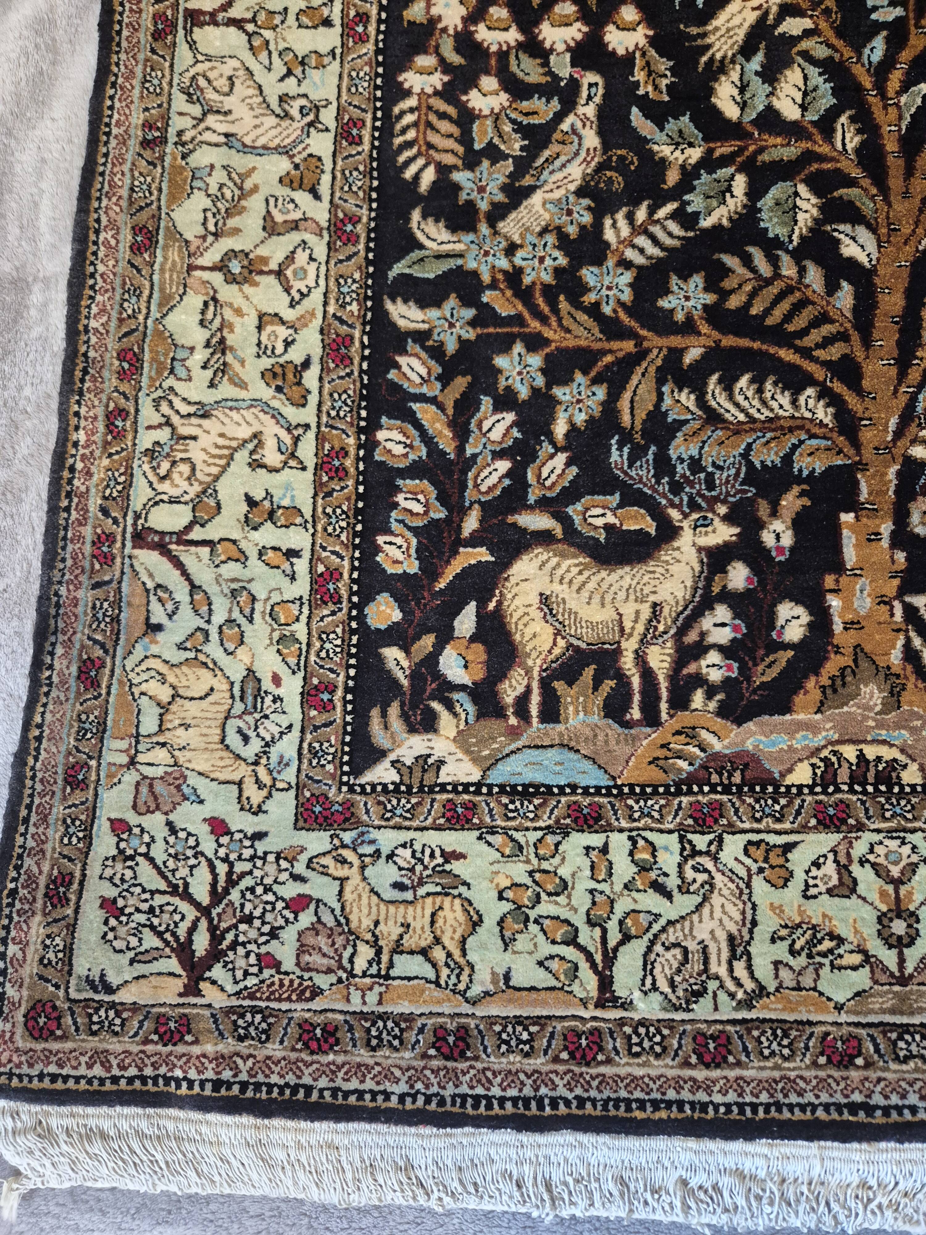 Persian Qom Silk on Silk 80x130 - Tree of Life Black and Gold - Very Fine
