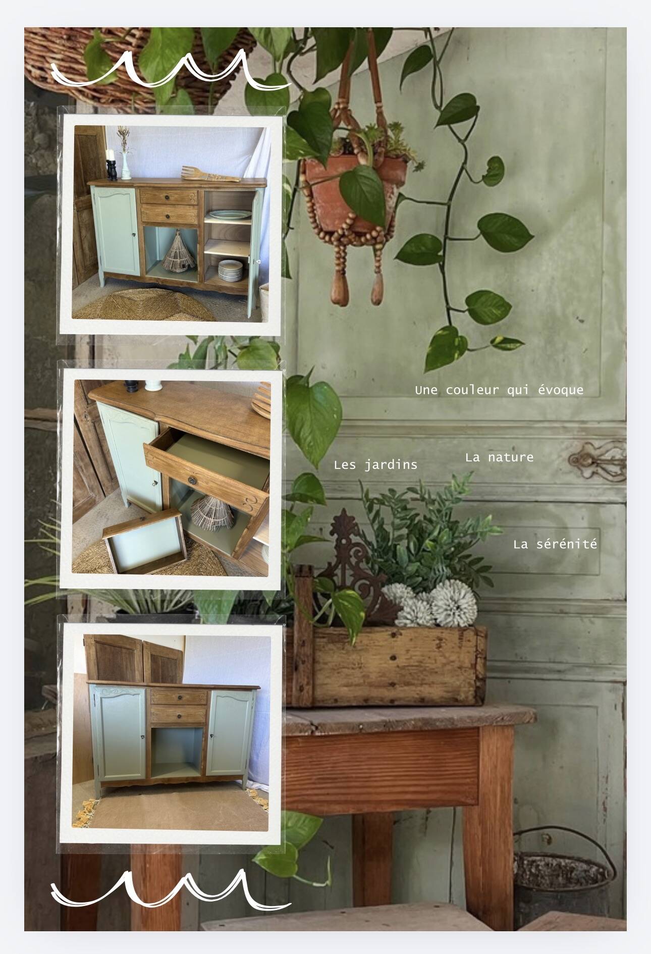 Buffet vintage en bois et vert sauge