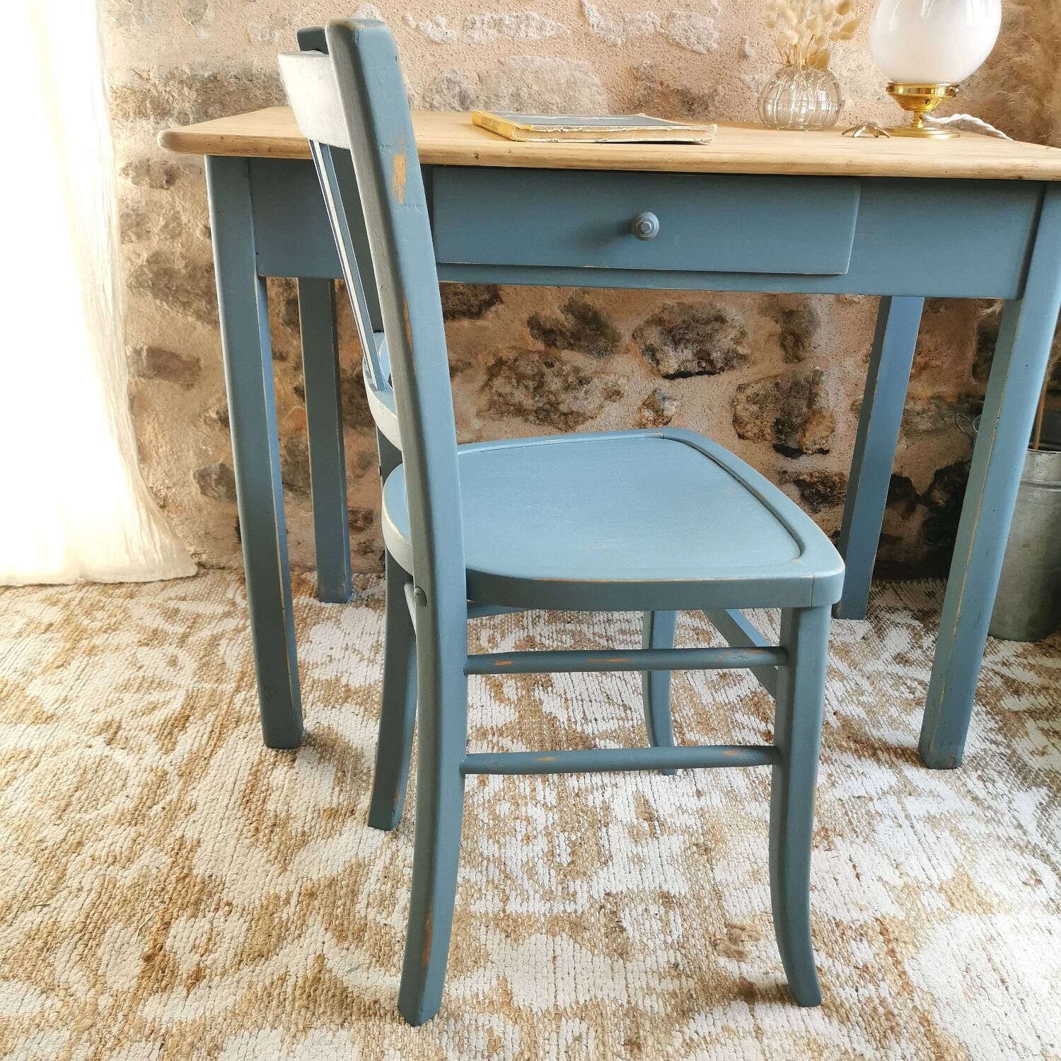 Blue patinated desk and chair