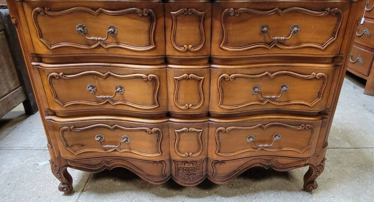 Louis XV style crossbow chest of drawers stamped in solid cherry wood