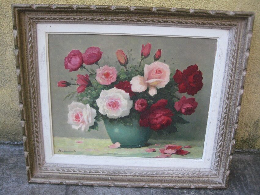 Old painting, bouquet of roses of love in a vase, signed bessonnat