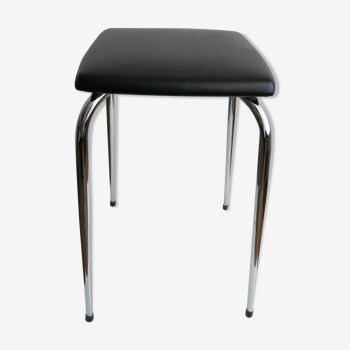 Vintage stool in chrome metal and black skai