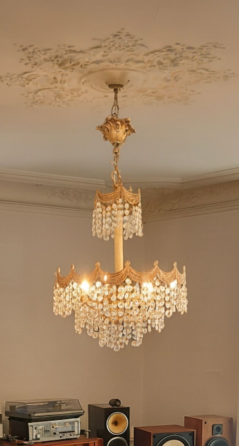Post Art Deco 4-Tier Gold-Plated Brass & Crystal Chandelier – 1960s