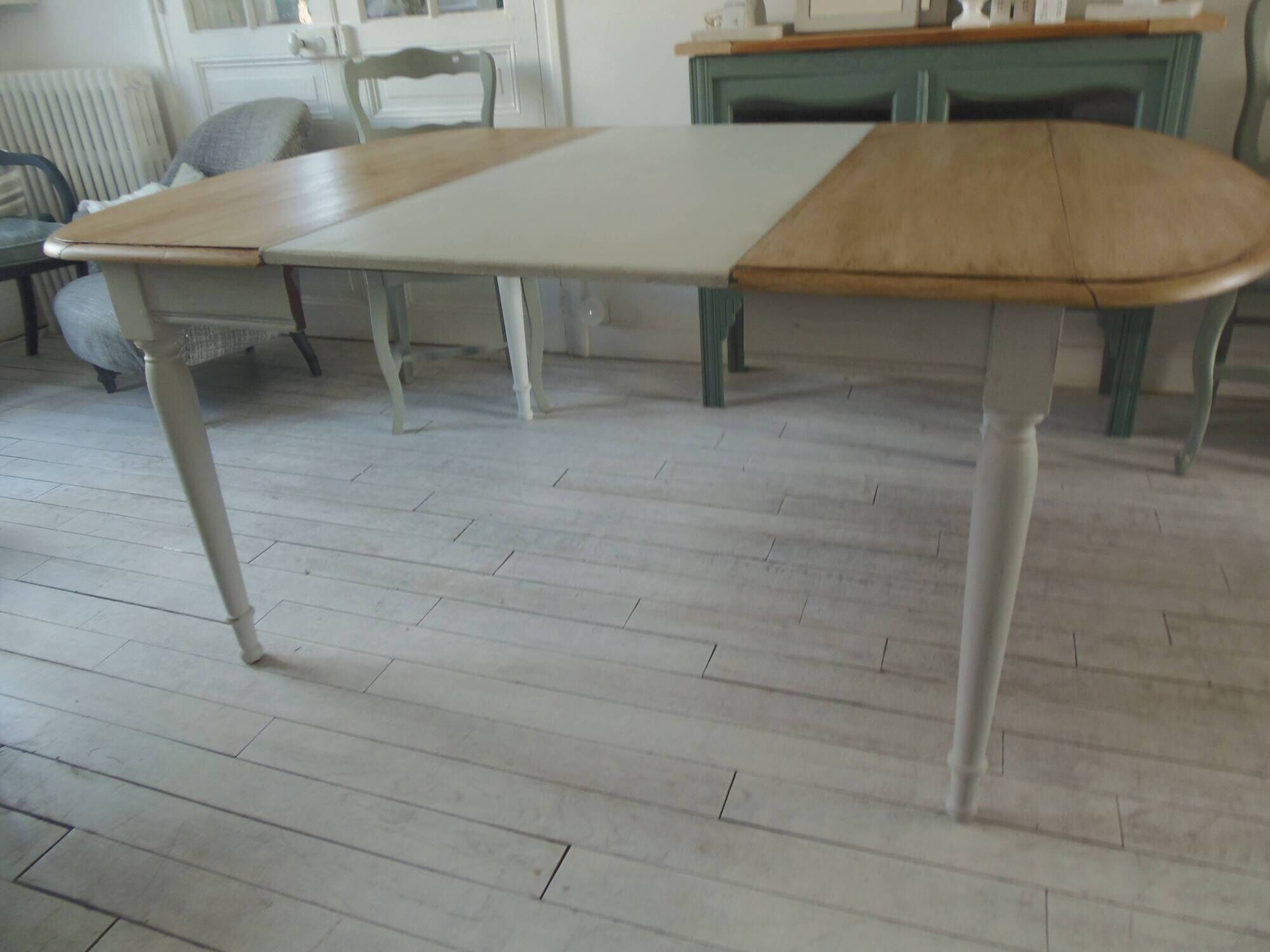 Flap table, pearl gray patinated base, medium oak waxed top.