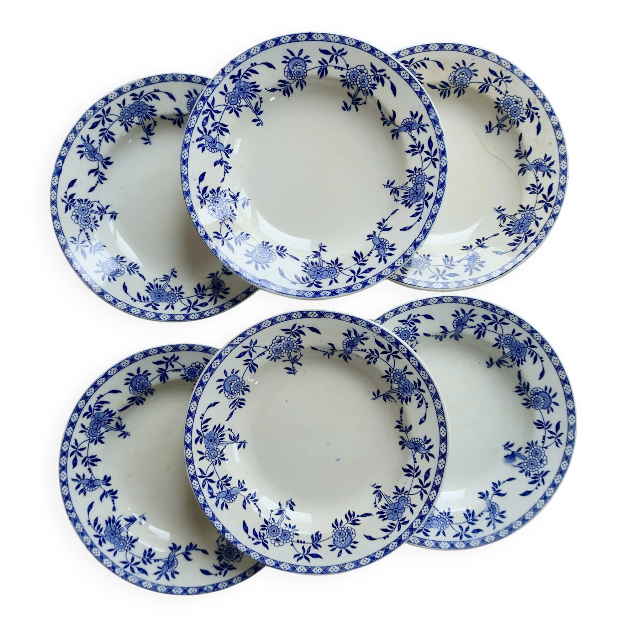 6 antique deep plates, blue and white Dresden porcelain