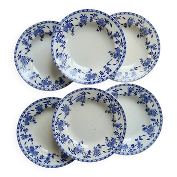 6 antique deep plates, blue and white Dresden porcelain