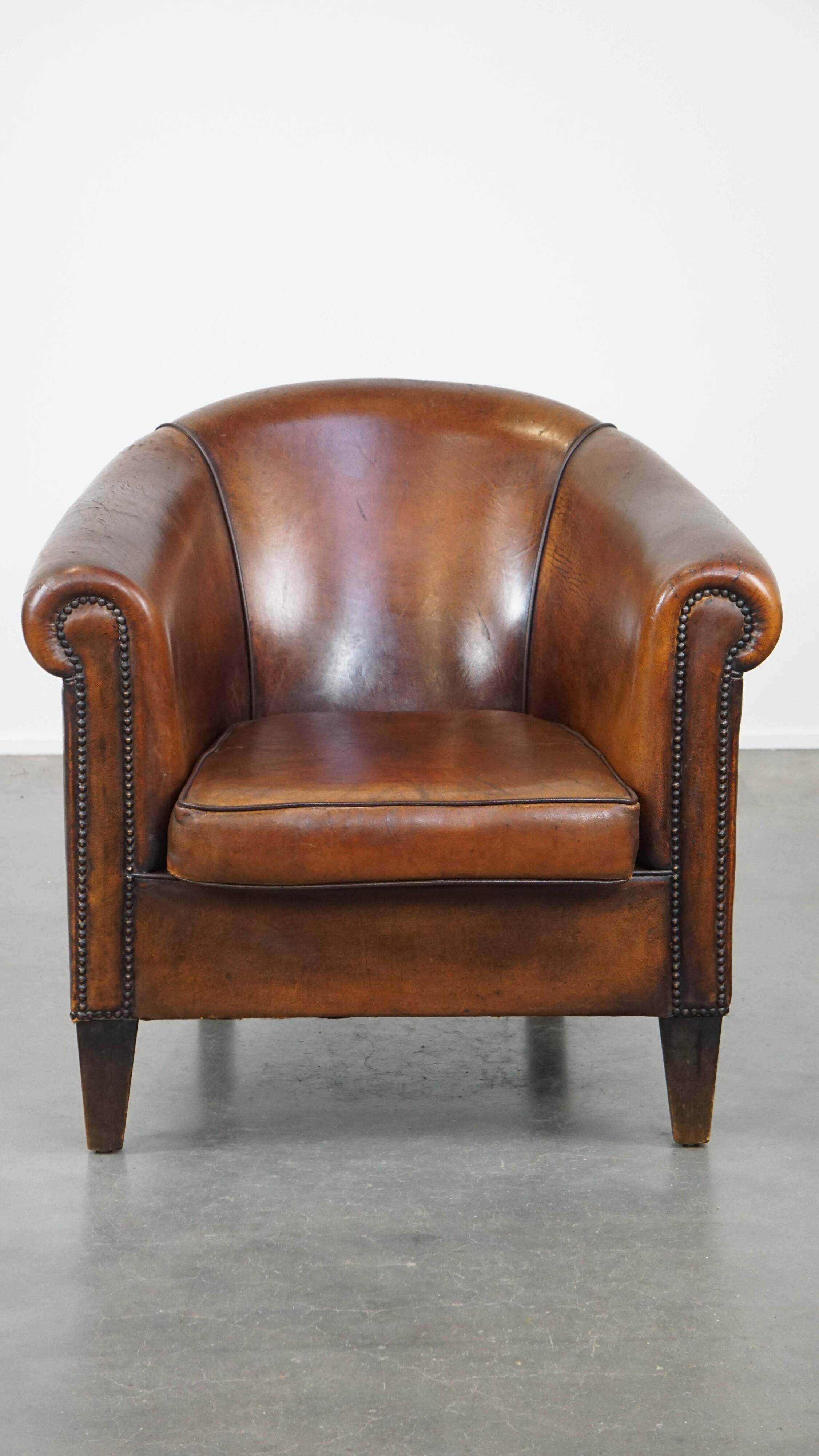 Cognac-Colored Vintage Sheepskin Leather Club Armchair