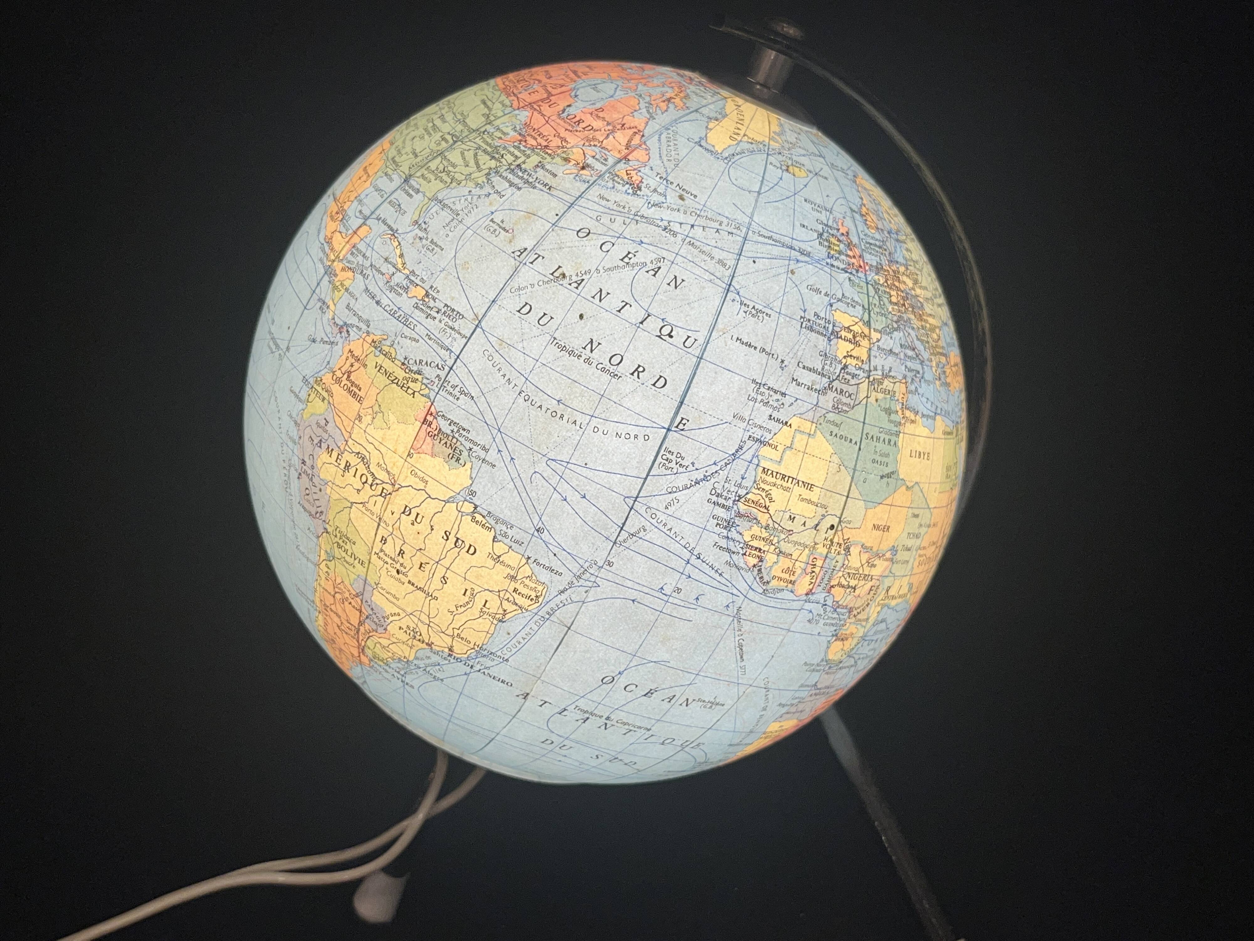 Terrestrial globe 1960 Tripod Taride luminous in vintage world map glass