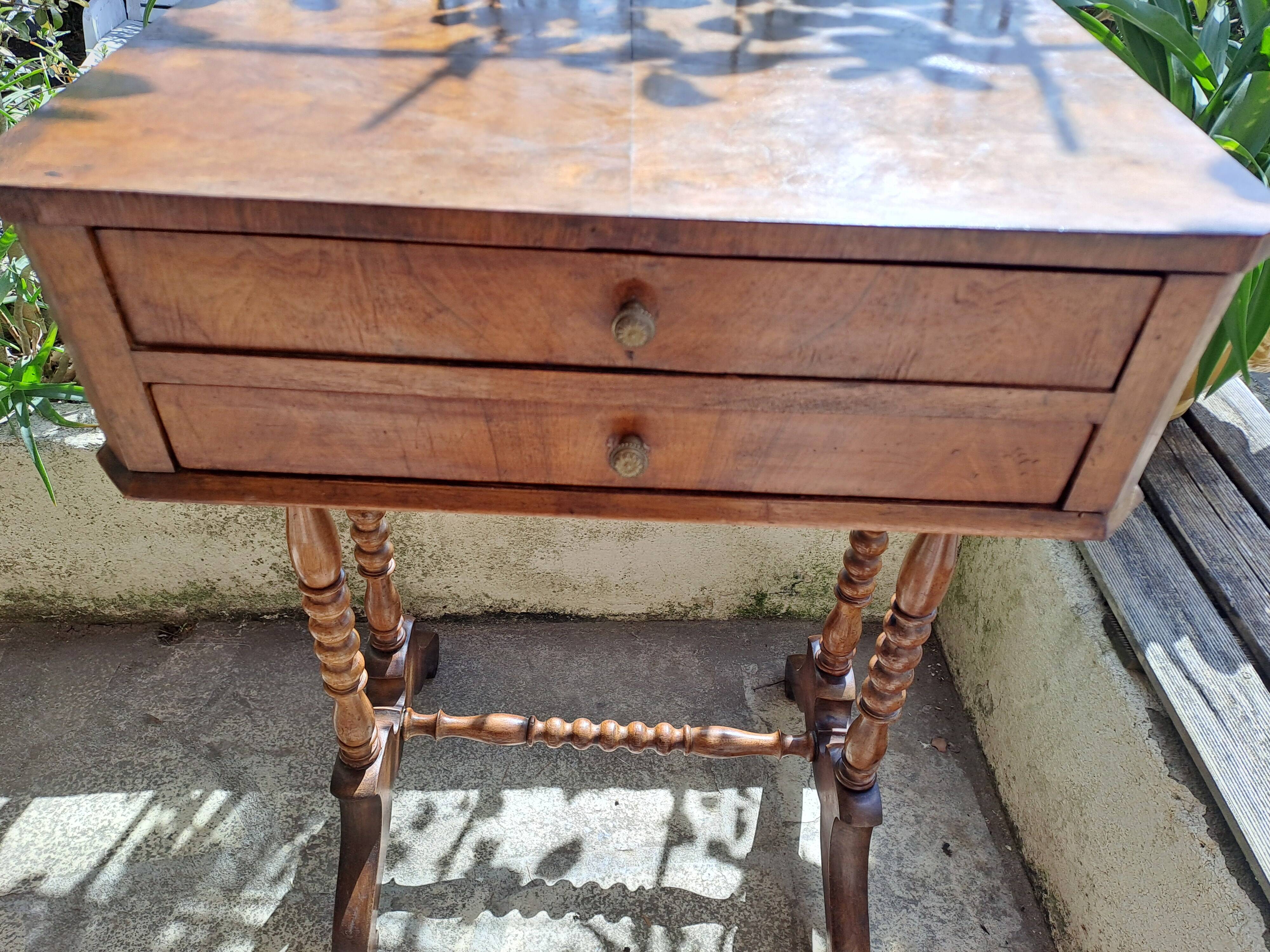 Console, side desk or dressing table in wood with marquetry top and 2 drawers