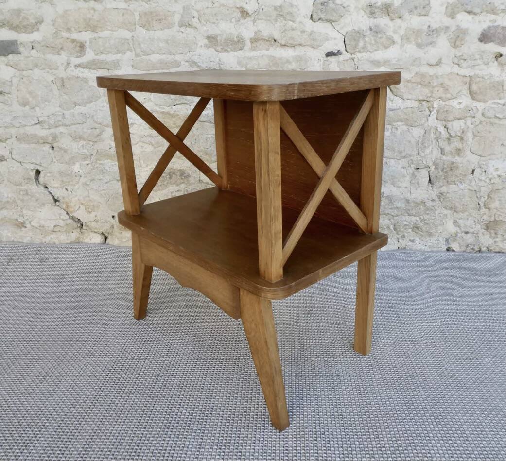Light wood bedside table with crossbars, around 1960.