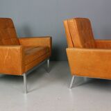 Set of two cognac leather Florence Knoll lounge chairs model 65a