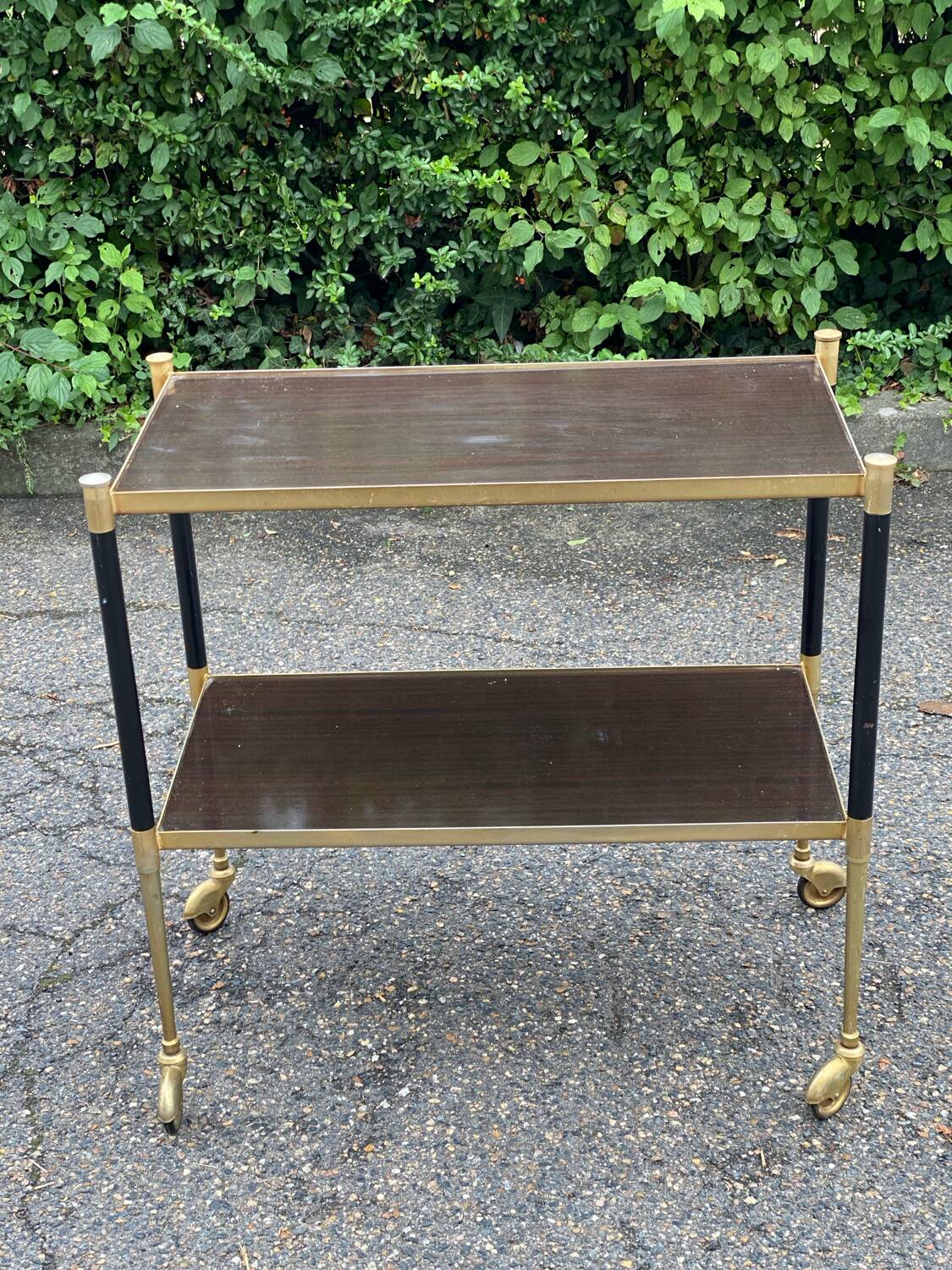 Vintage serving trolley on brass and rosewood wheels
