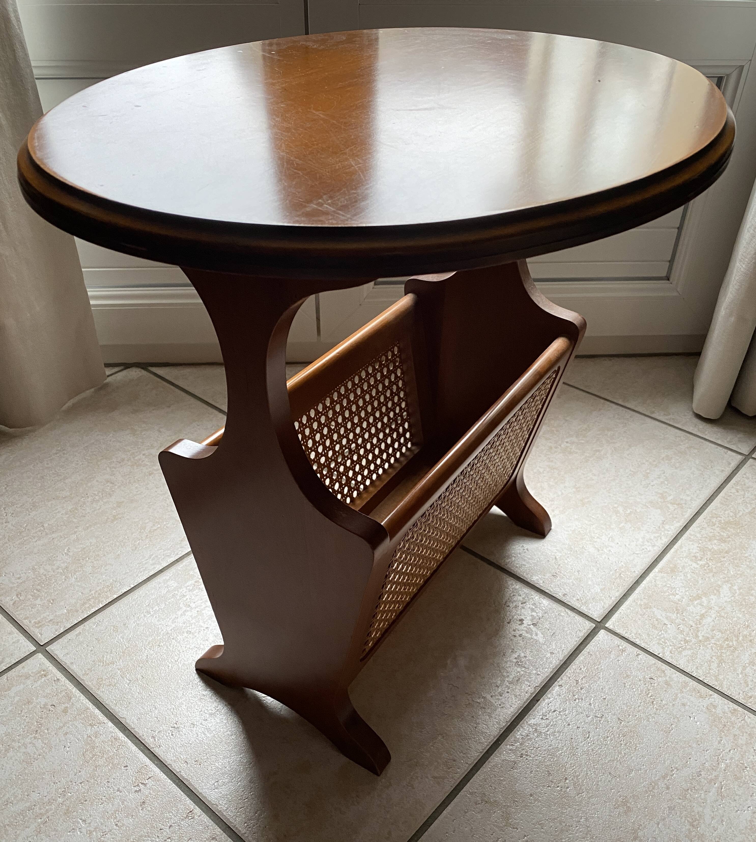 Wooden and cane magazine rack with tray on top, very good condition