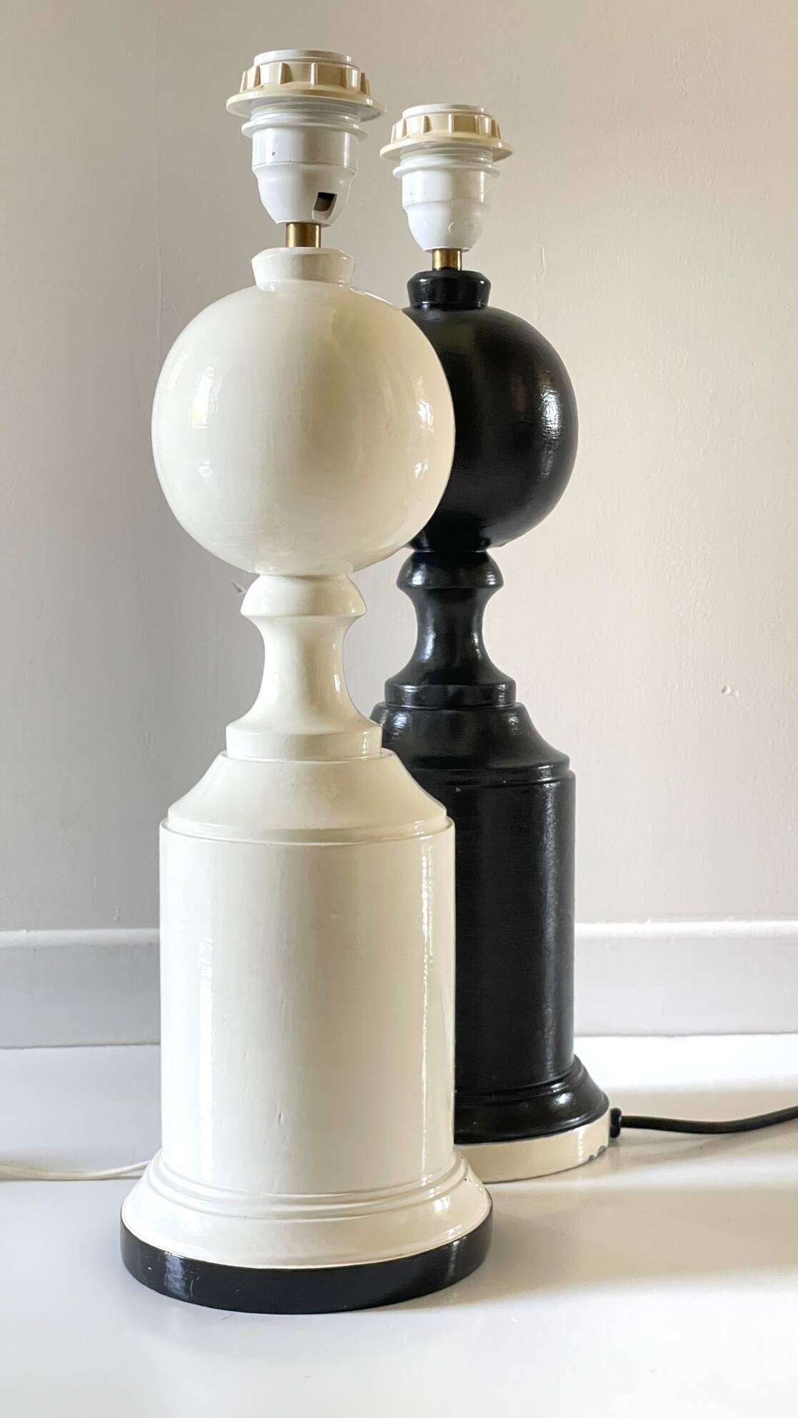 2 Vintage Black and White Turned Wood Lamp Bases