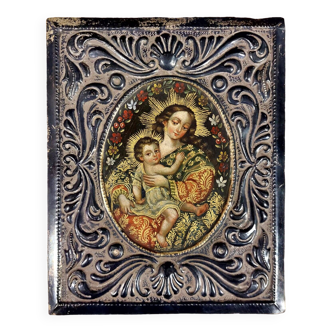 Tableau argentique ancien de la Vierge à l'enfant