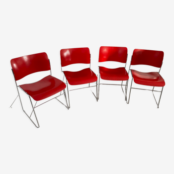 4 chaises David Rowland 40 /4 par Seid international, bois et chrome, rouge vermillon