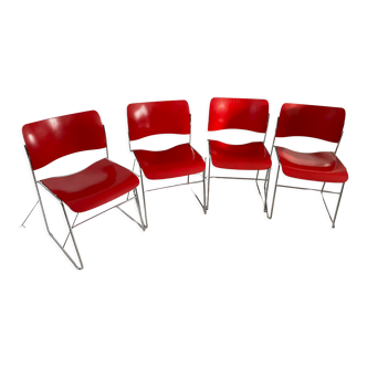 4 chaises David Rowland 40 /4 par Seid international, bois et chrome, rouge vermillon