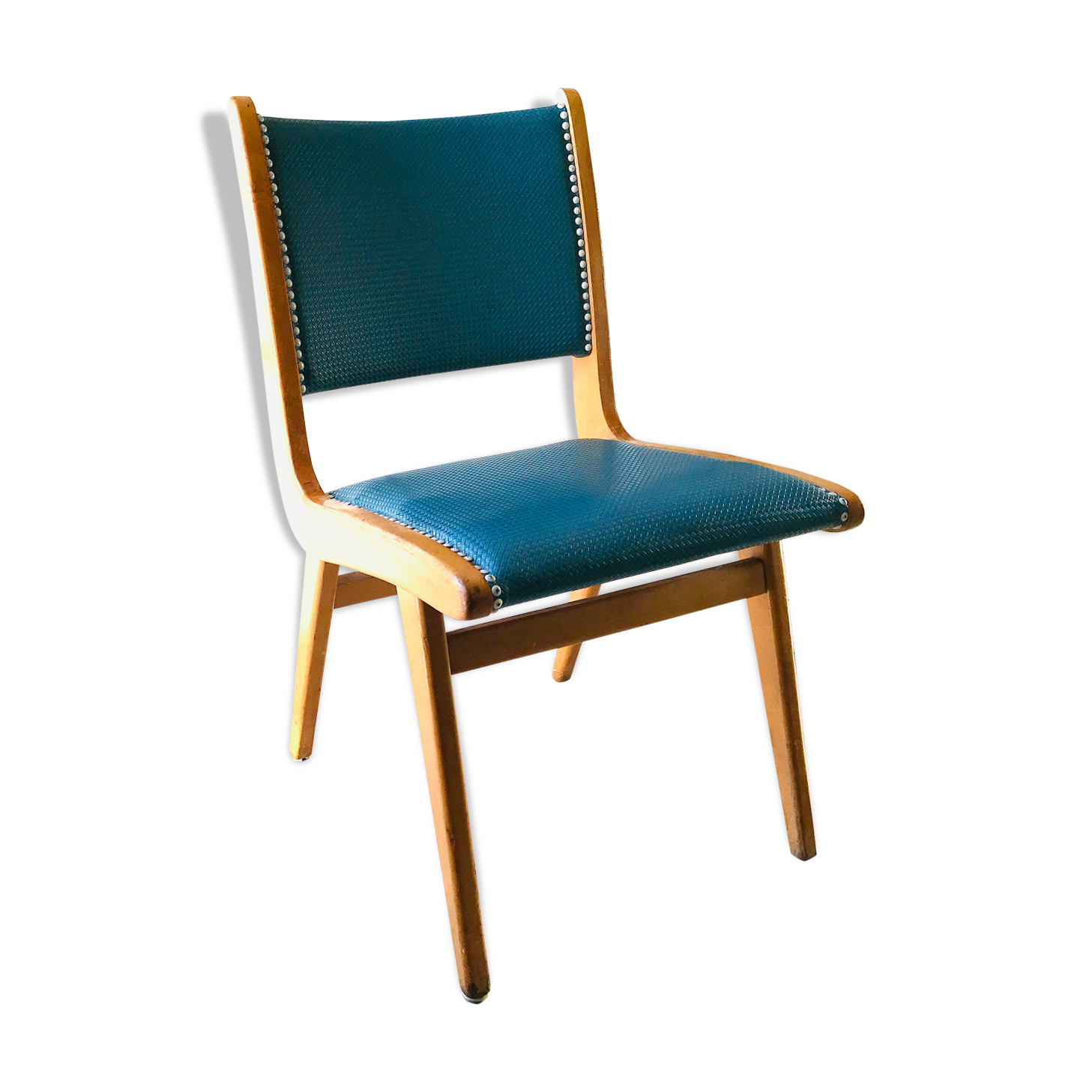 Vintage compass foot chair and studded blue skai