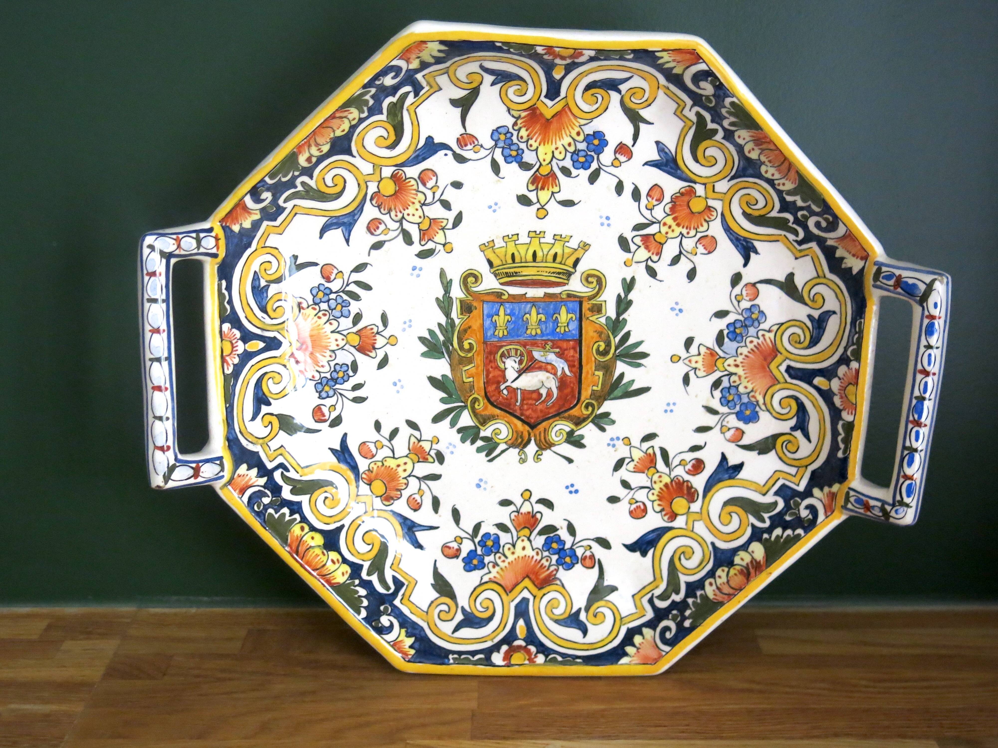 Rouen earthenware serving dish with handles in very good condition