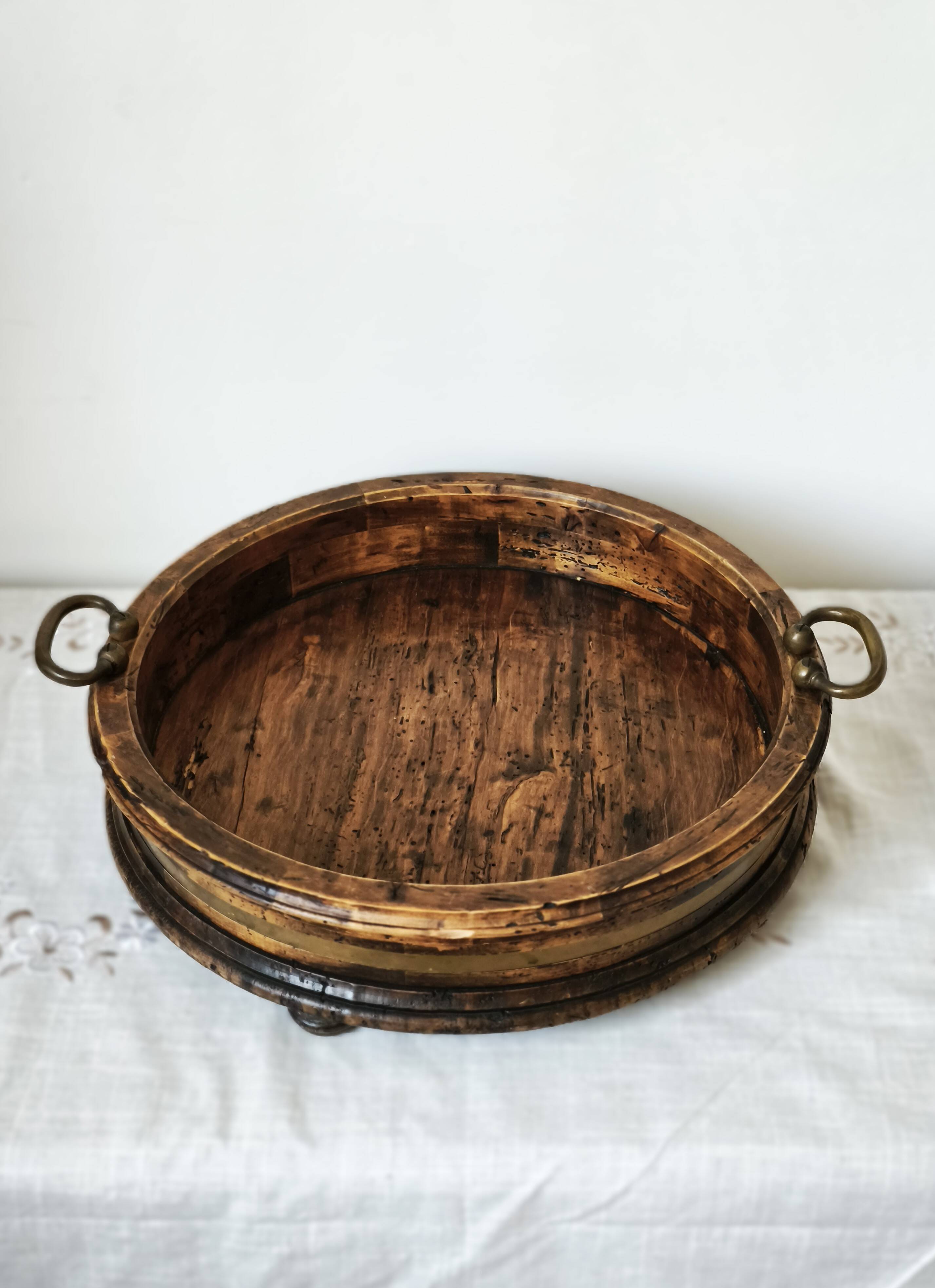 Large antique Italian wooden tray with brass handles.