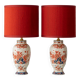 Pair of "Pijnacker" Imari Style Table Lamps from Royal Delft, Hand-Painted with Silk Shades