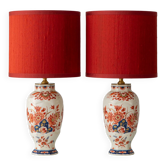 Pair of "Pijnacker" Imari Style Table Lamps from Royal Delft, Hand-Painted with Silk Shades