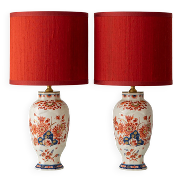 Pair of "Pijnacker" Imari Style Table Lamps from Royal Delft, Hand-Painted with Silk Shades