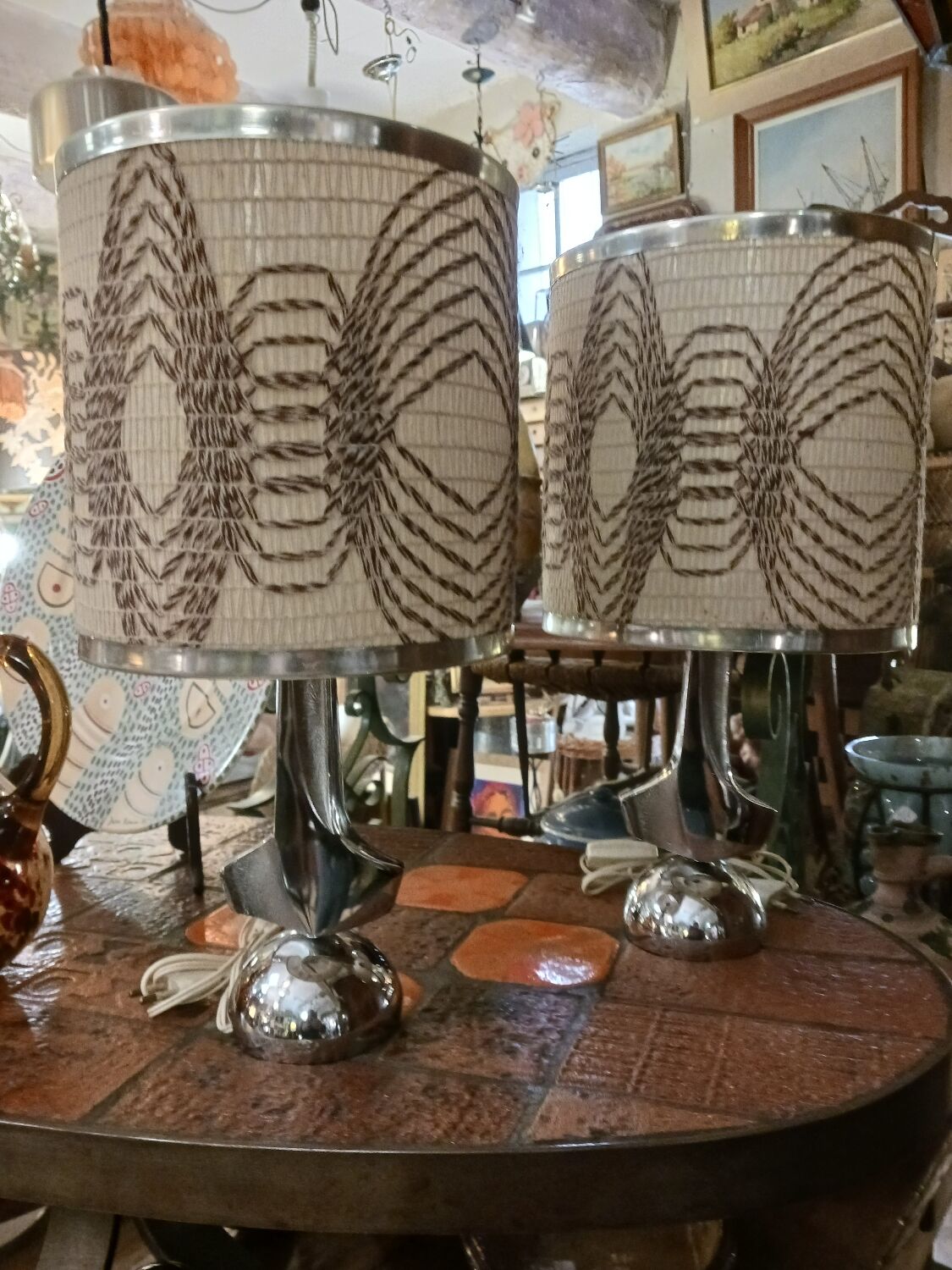 Paire de lampes 1970, bronze Argenté,  abat-jour cinétique.