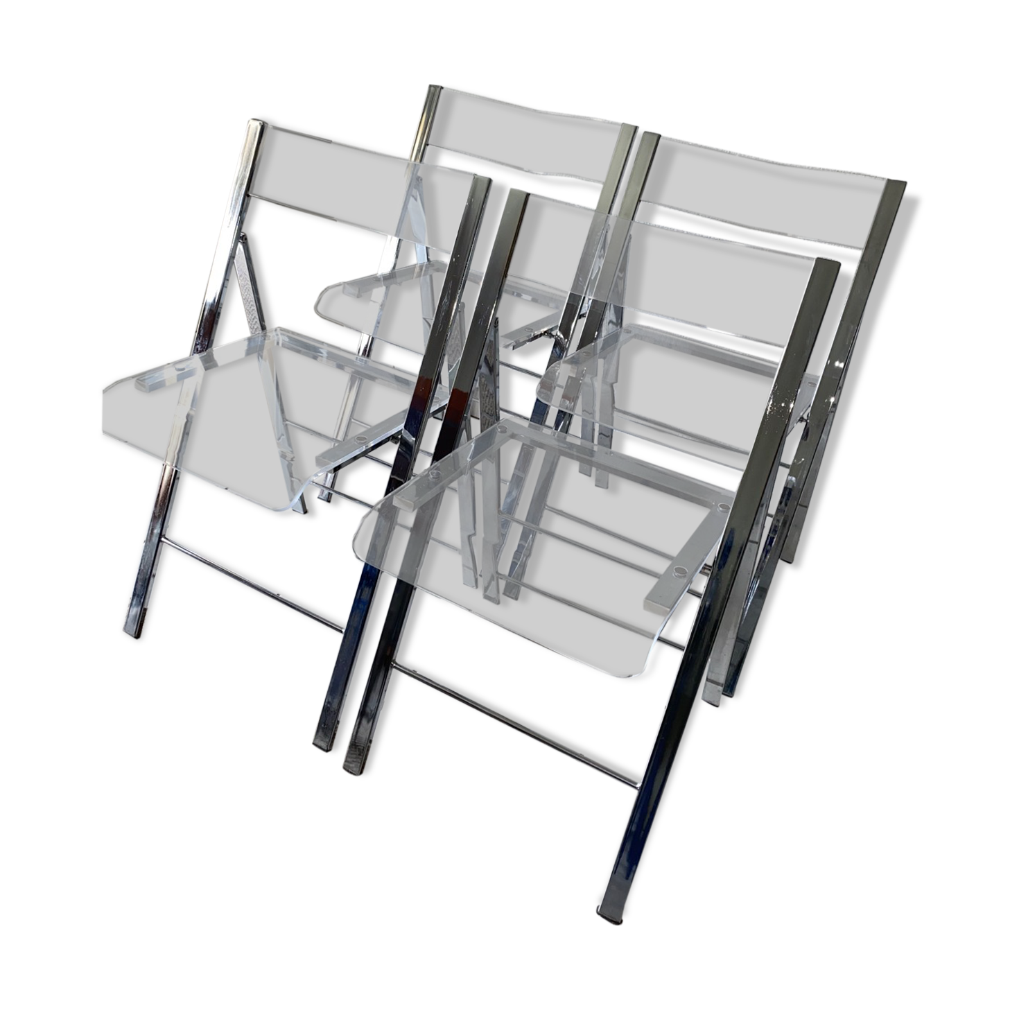 4 Chaises Tulipes Vintage En Plexiglass & Métal, Couleur Blanc Sky - Années 70, Occasion En Bon état