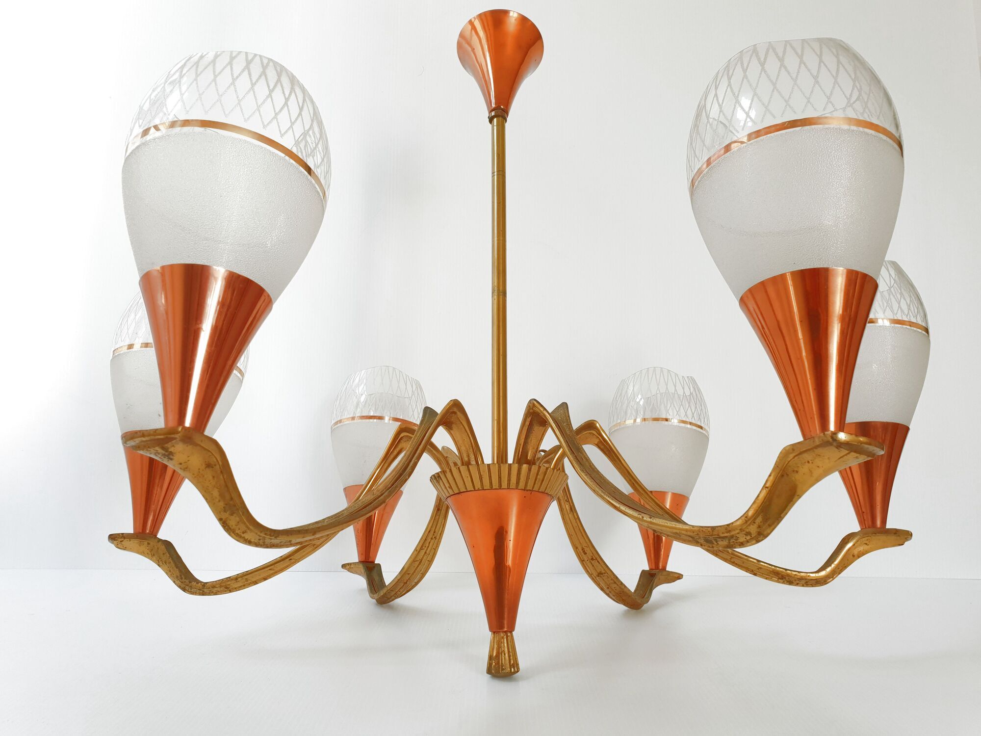 Lustre 1950 en laiton et cuivre vintage