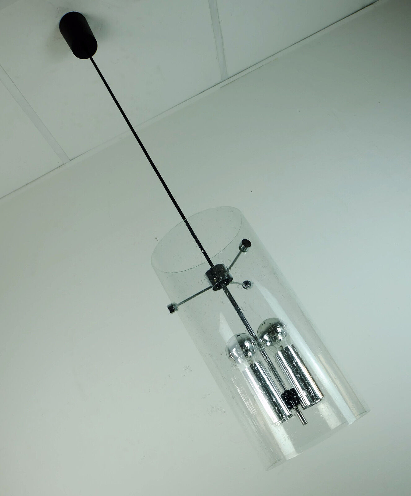 Glashuette Limburg pendant light in bubble glass and chrome lampshade 1970s