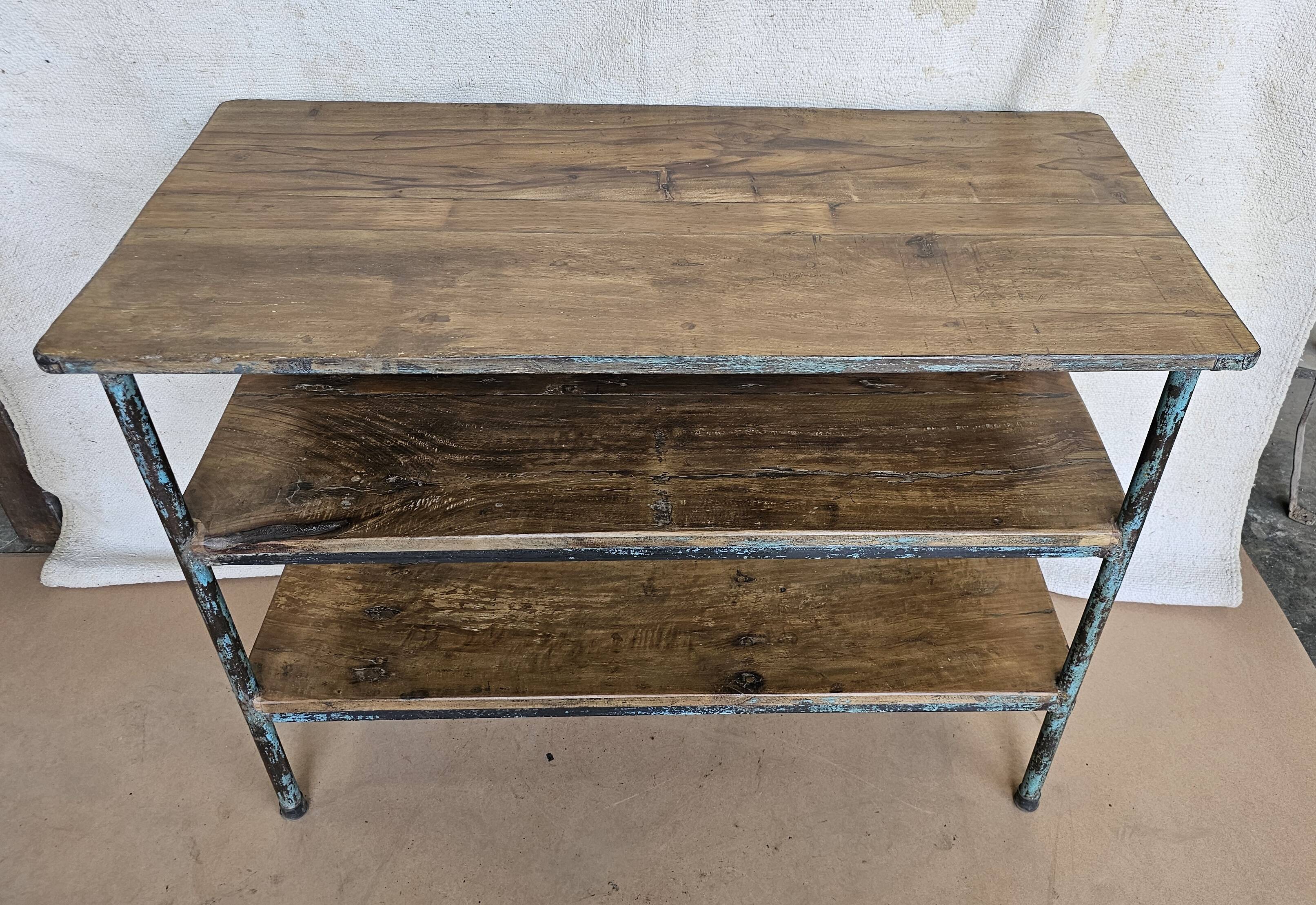 Textile workshop console in teak and wrought iron