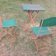 Mid century distressed painted iron garden table and 2 chairs, 1960s