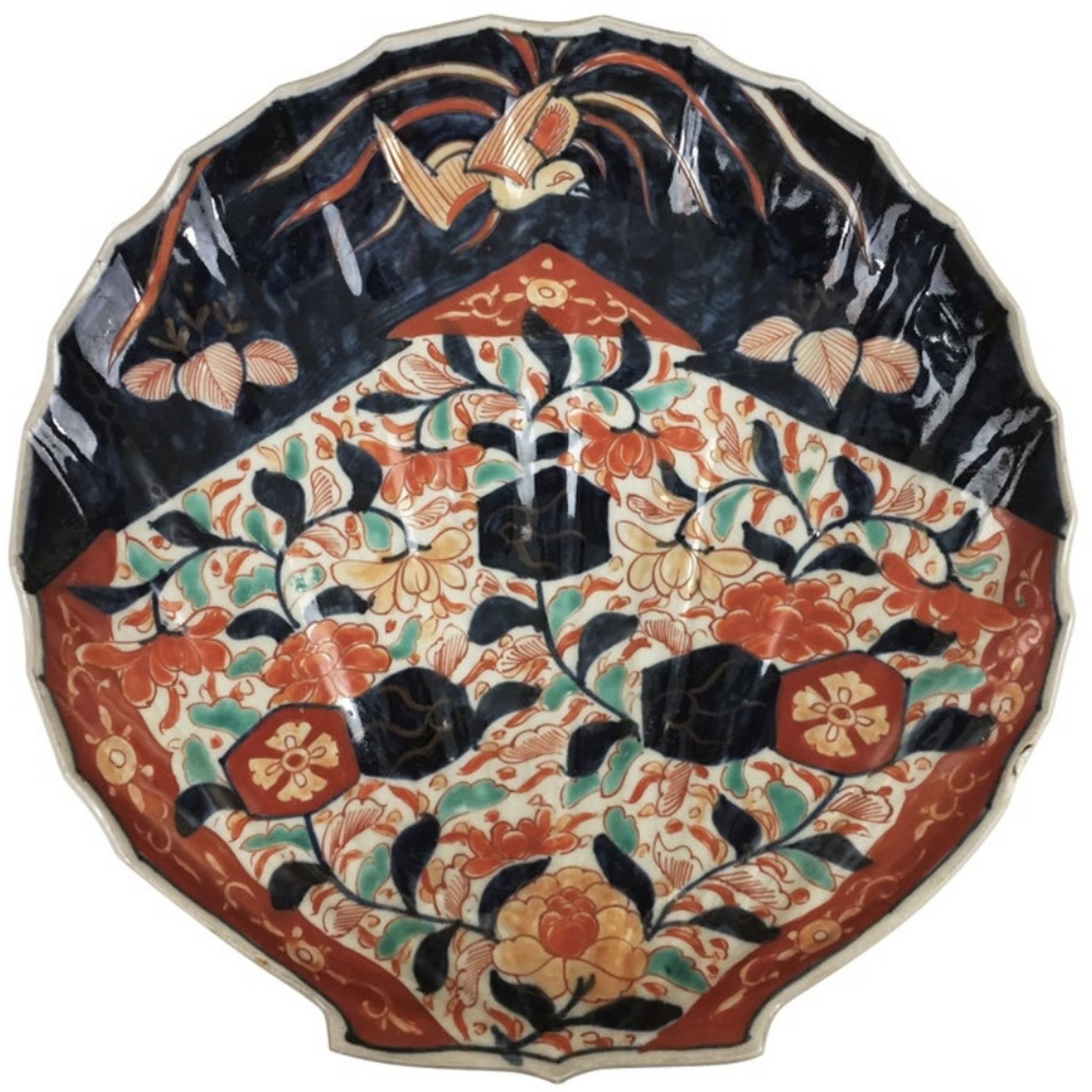 Imari porcelain dish from Japan in the shape of a scallop shell Blue, red and turquoise