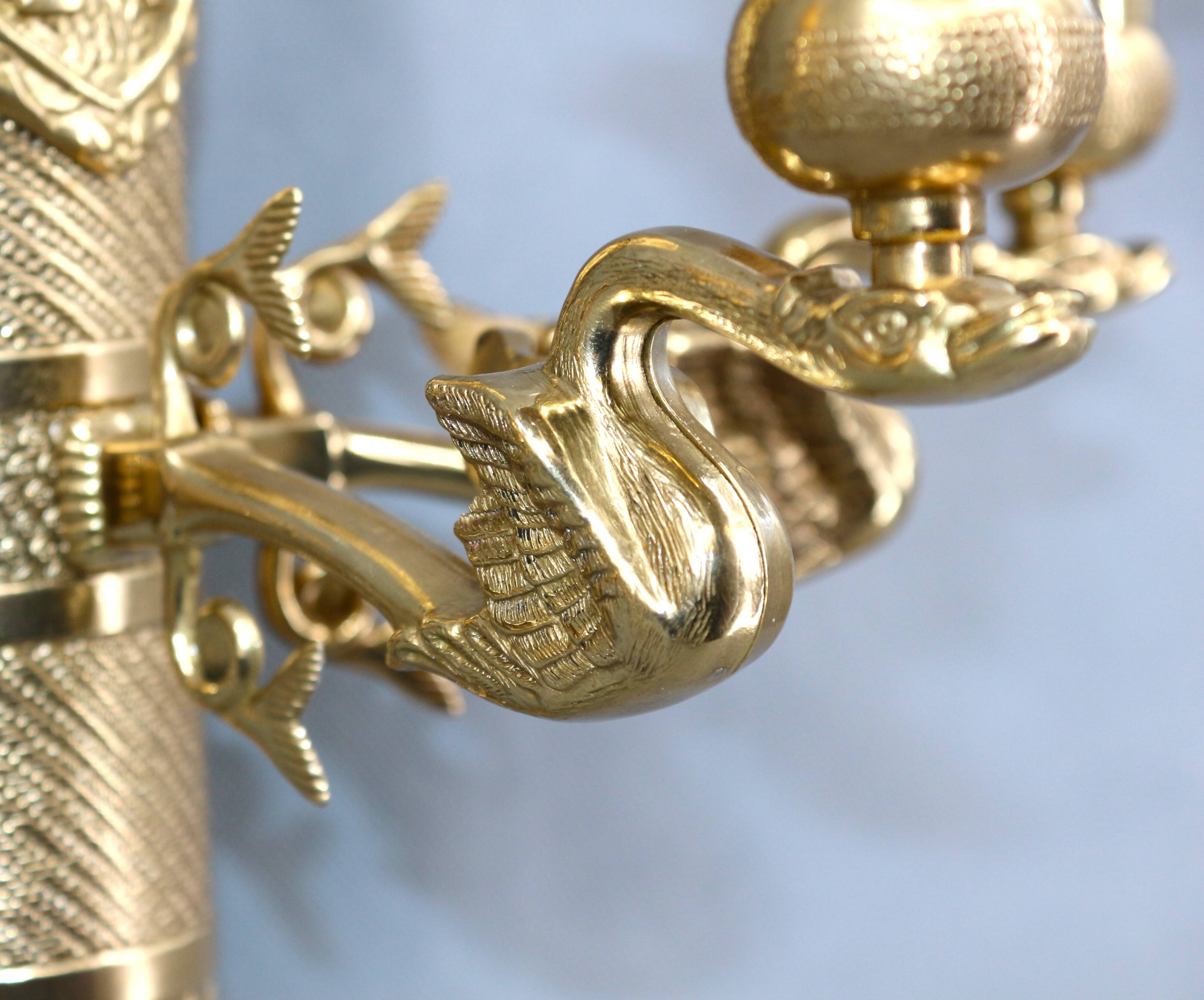 Large pair of Napoleonic gilt bronze empire style wall lights with three candles