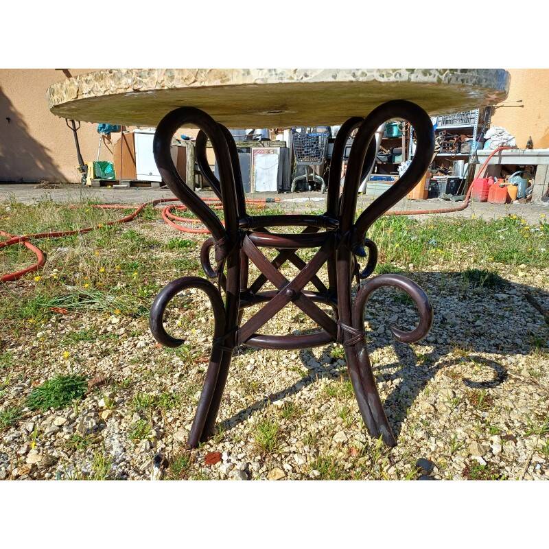 Vintage rattan table with reconstituted cement and stone top