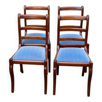 4 solid wood chairs with blue velvet suede in the Louis Philippe style.