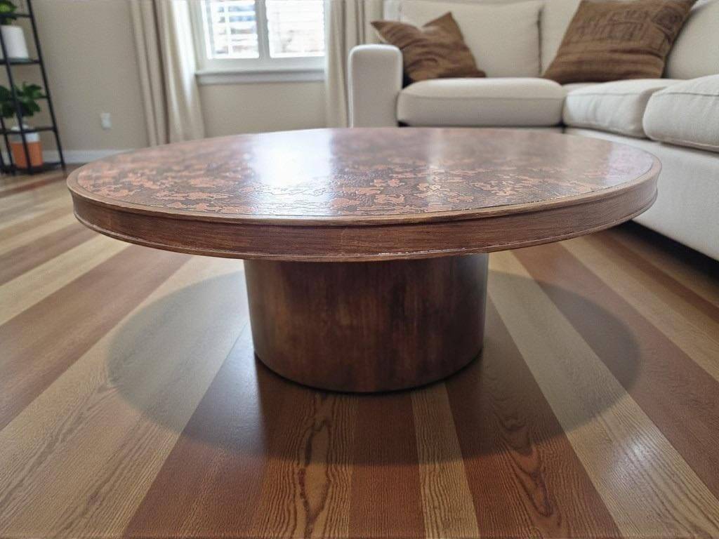 Vintage round wooden coffee table with a copper top.