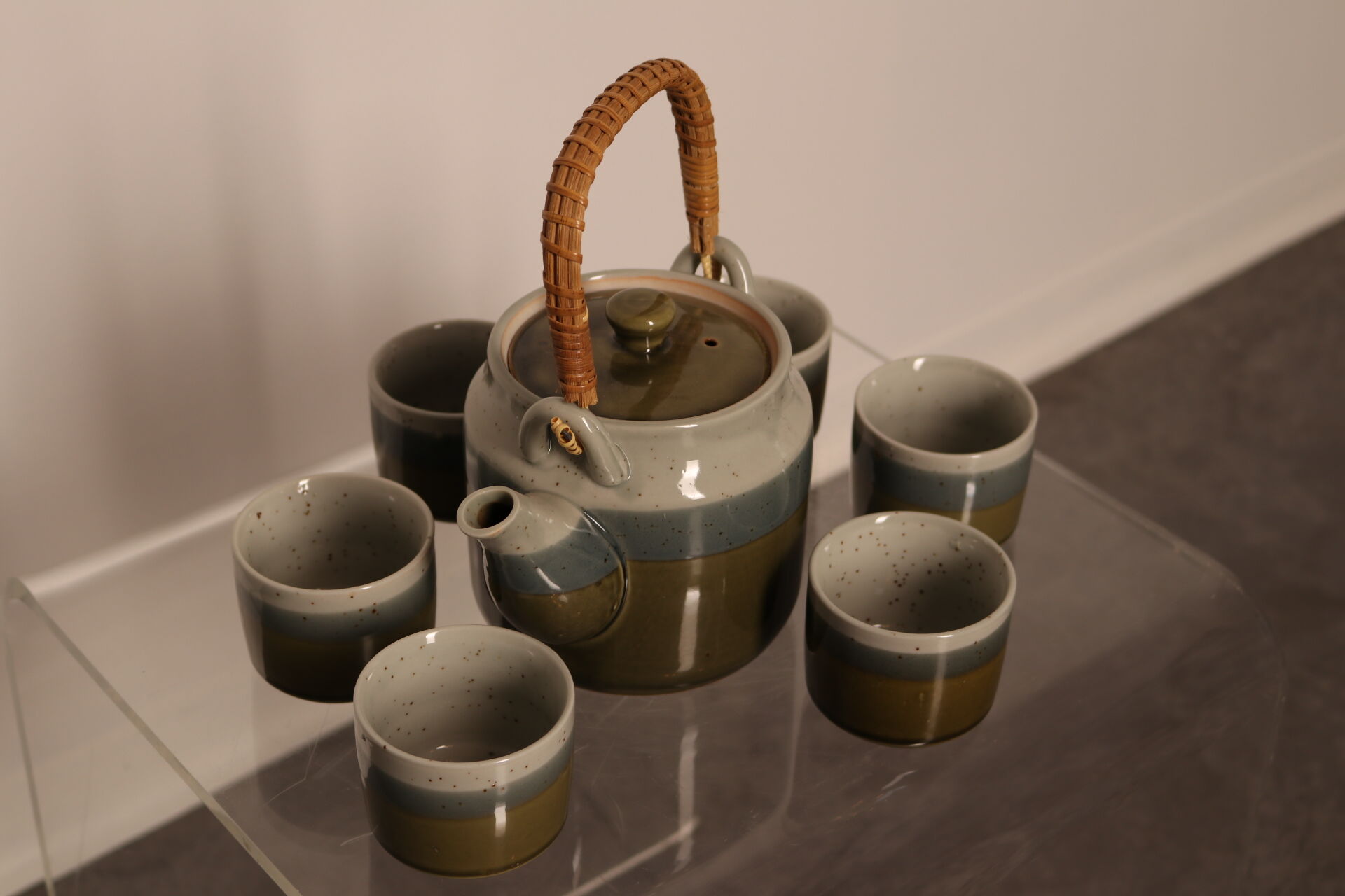 Hand-made ceramic tea set glazed in bleu-green tones, Belgium 1960