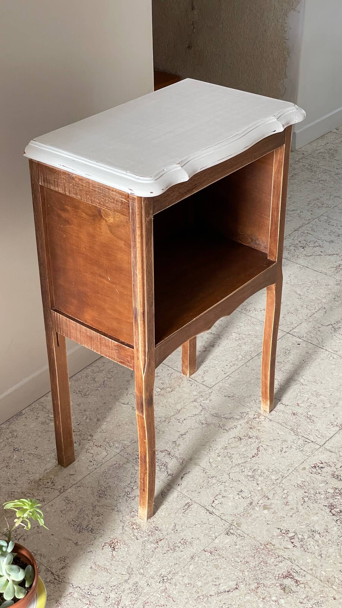 Vintage wood and white bedside table