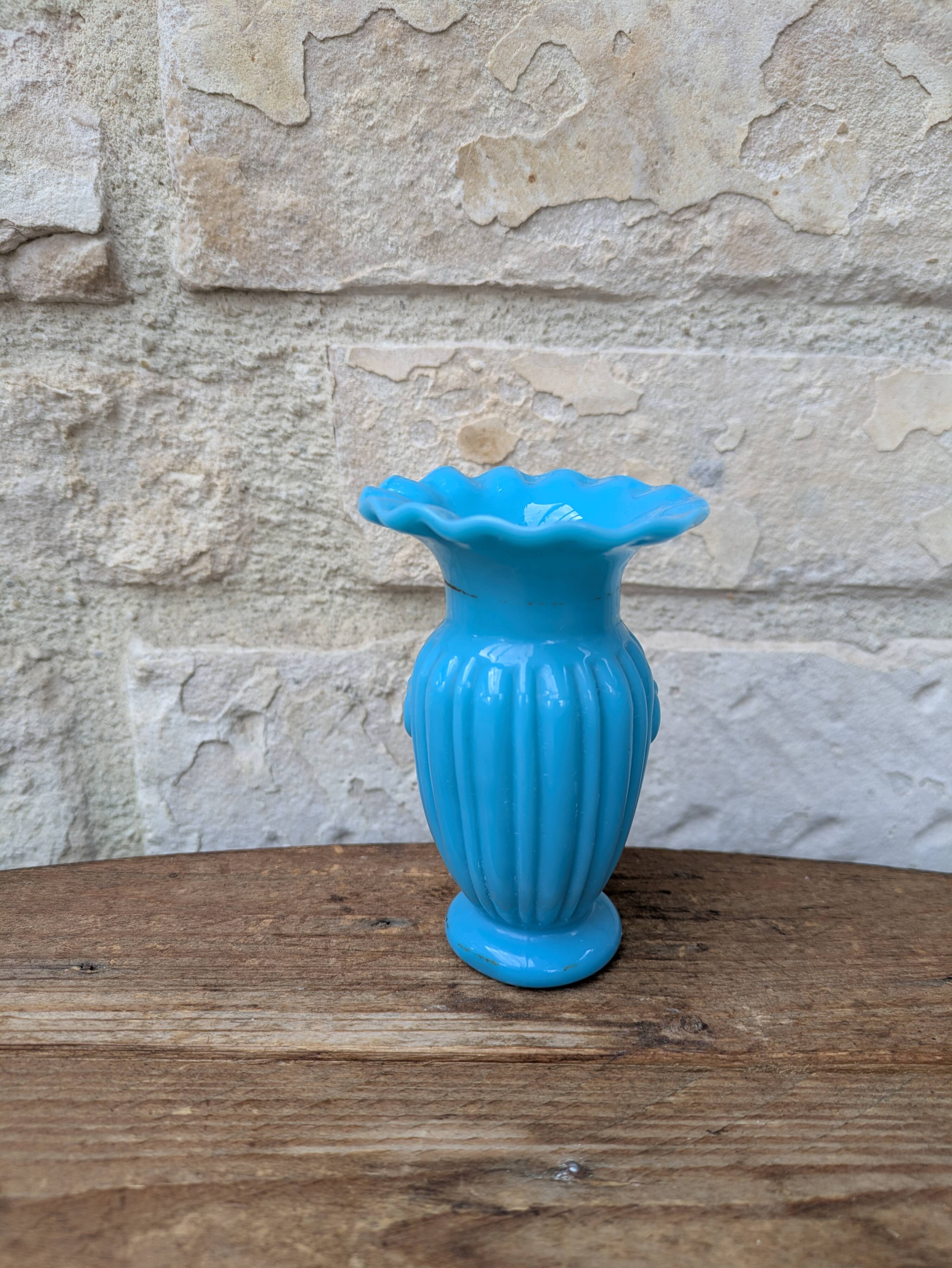 Antique small blue opaline vase with serrated neck and medallion decoration