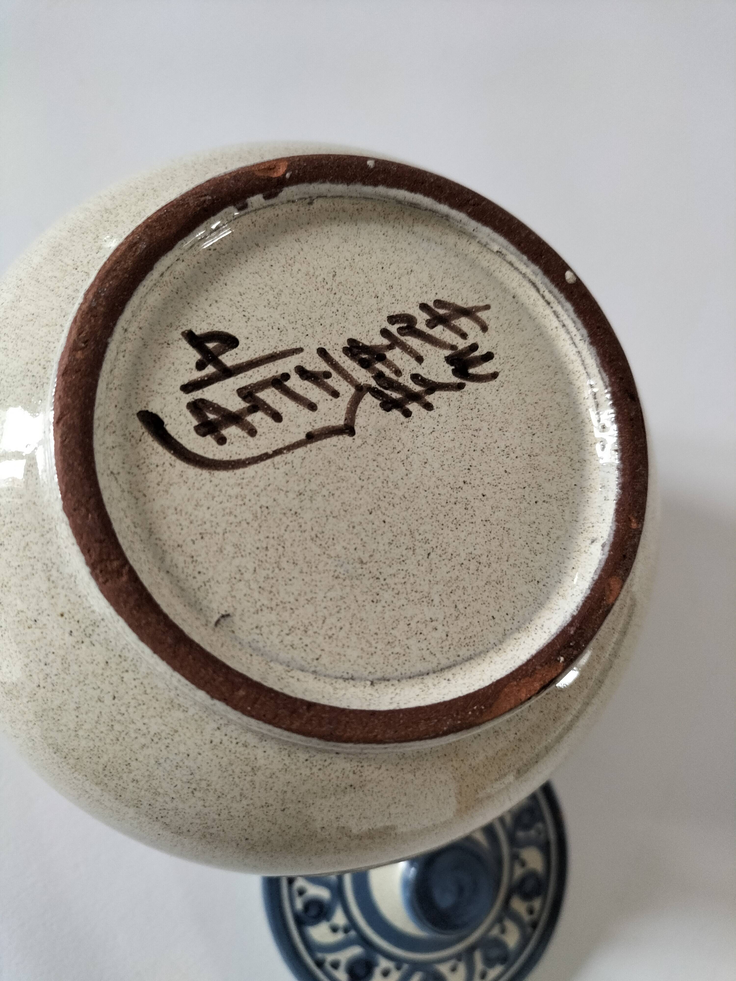 Théière artisanale grès beige moucheté et décor bleu