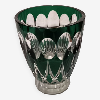 Green cut crystal vase, art deco style.