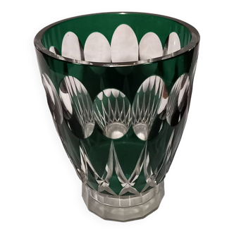 Green cut crystal vase, art deco style.