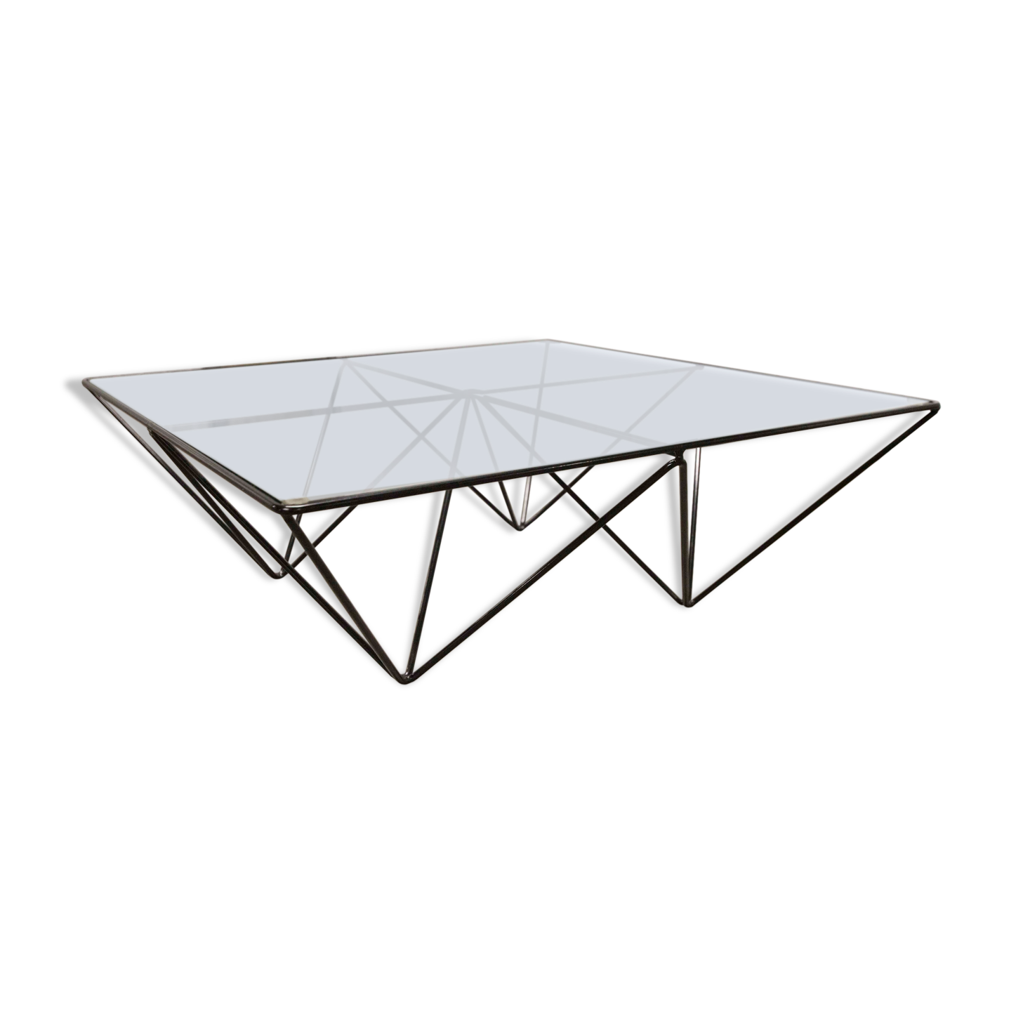 Square coffee table in glass and black satin metal 1980