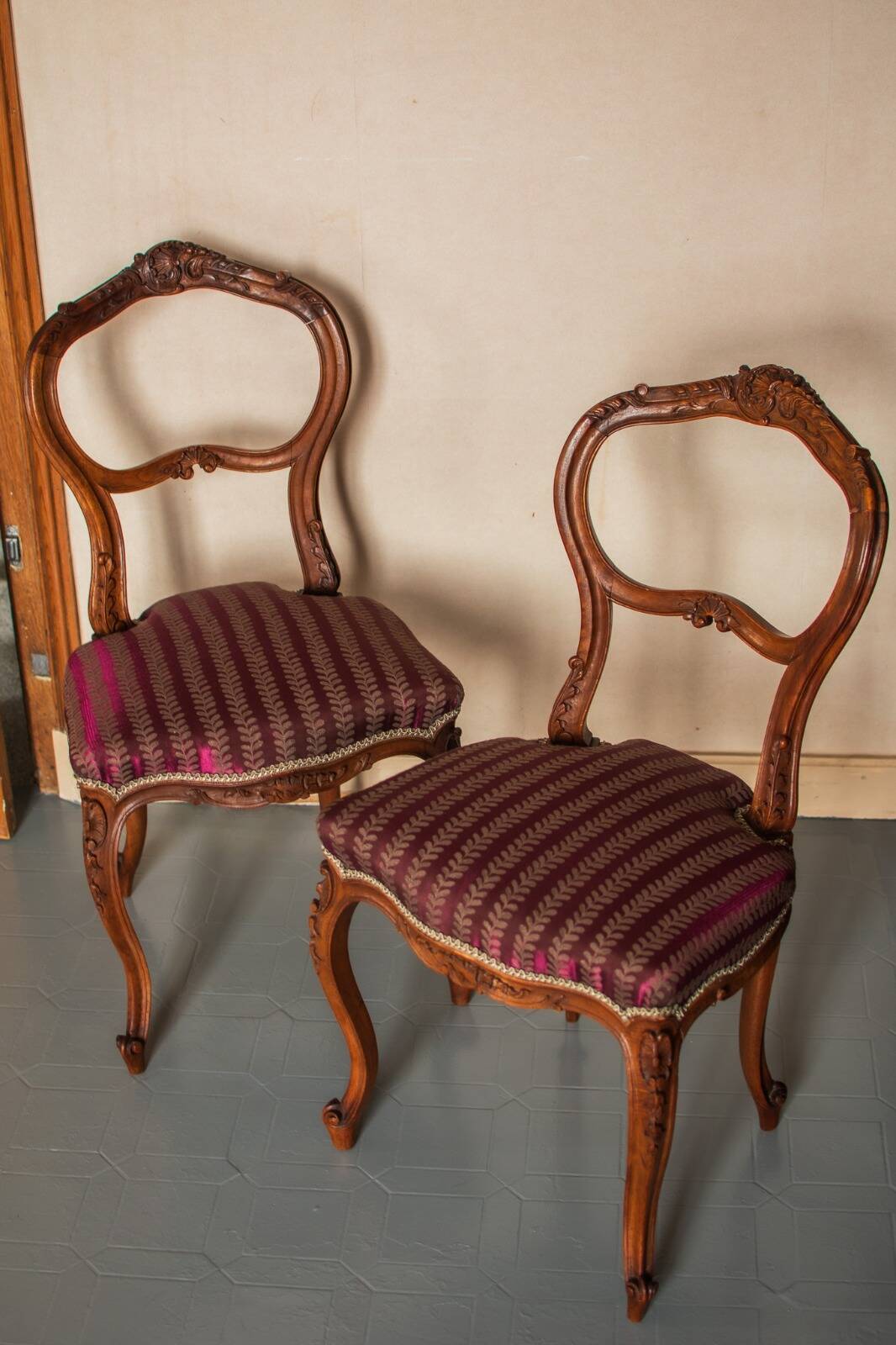 Pair of Rococo style chairs — Feminine & elegant, reupholstered in the antique style.